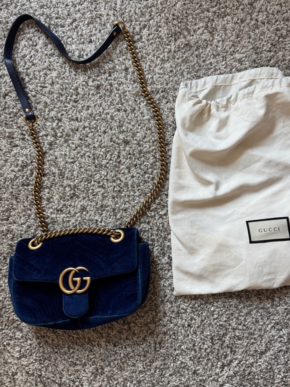 Gucci Velvet Matelassé GG Marmont Shoulder Bag in Cobalt Blue